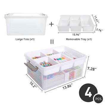 Citylife 17 QT Storage Box with Removable Tray Closet Organizers and Storage Clear Storage Container for Organizing, Craft, Tools, Files, Office Supplies, 4 Packs