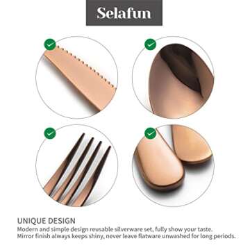 Selafun 4-pieces Travel Set with Case Portable Silverware Utensils Set for work, Stainless Steel Reusable Flatware Set Cutlery Set for Camping Picnic Hiking Office (6.7inch, Rose Gold)