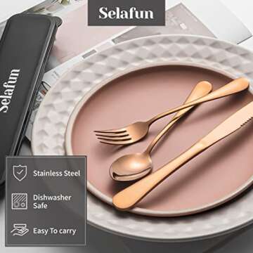 Selafun 4-pieces Travel Set with Case Portable Silverware Utensils Set for work, Stainless Steel Reusable Flatware Set Cutlery Set for Camping Picnic Hiking Office (6.7inch, Rose Gold)