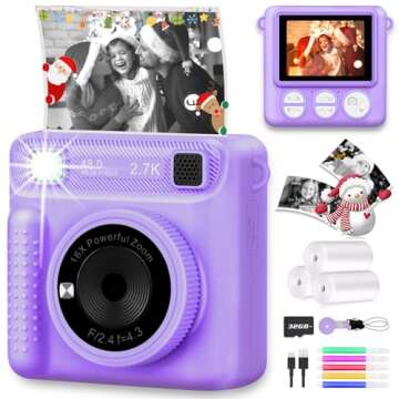 Camera for Kids Instant Print,Portable Camera with 32G Card & 1080p Video,Instant Print Camera with Color Pens for DIY,Over 3 Years Old for Boys Girls Birthday Gifts Halloween Christmas(Purple)