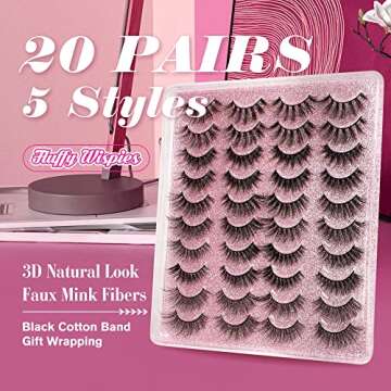 20 Pairs False Eyelashes 3D Faux Mink Lashes Natural Look Wispy Fake Eyelashes ALPHONSE 16-20MM Fluffy Volume Long Thick Lashes Pack 5 Styles Mixed