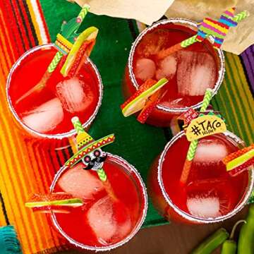 Fiesta Party Supplies 28pc Straw Set - Cinco de Mayo Party Decorations - Mexican Party Decorations - Fiesta Cupcake Toppers Mini Sombrero, Cactus, Piñata & Taco Theme Décor Party Favors