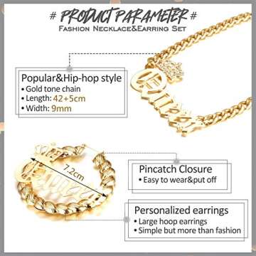 SAILIMUE Queen Pendant Curb Chain Necklace with Oversize Statement 90s Bamboo Hoop Earring Set for Women Gold Plated Color Punk Style Hip Hop Rapper