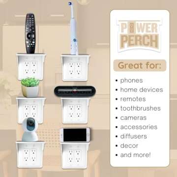 Storage Theory Power Perch Double Outlet Shelf - Convert Your Outlet into Display Shelves - Alexa Speaker Stand, Electric Toothbrush Holder - Light Socket Shelf 1 Pack, White