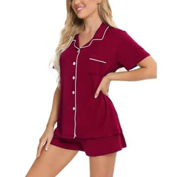 SWOMOG Womens Button Down Pajamas Set Short Sleeve Sleepwear Bride Soft Pj Lounge Sets XS-3XL Wine Red Medium