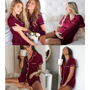 SWOMOG Womens Button Down Pajamas Set Short Sleeve Sleepwear Bride Soft Pj Lounge Sets XS-3XL Wine Red Medium