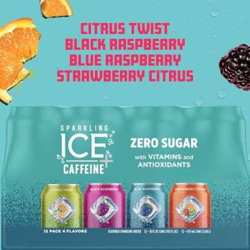 Sparkling Ice +Caffeine Variety Pack - Flavored Sparkling Water, Zero Sugar, 12 Count