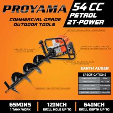 PROYAMA 54cc Post Hole Digger Gas Powered 2 Cycle Earth Auger, 5-Year Warranty Gear Box, 4 Drill Bits 4" 6" 8" 12" + Extension Rod 12" 20"