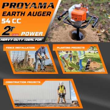 PROYAMA 54cc Post Hole Digger Gas Powered 2 Cycle Earth Auger, 5-Year Warranty Gear Box, 4 Drill Bits 4" 6" 8" 12" + Extension Rod 12" 20"