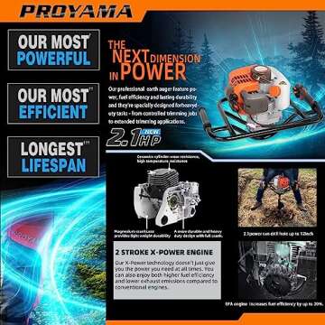 PROYAMA 54cc Post Hole Digger Gas Powered 2 Cycle Earth Auger, 5-Year Warranty Gear Box, 4 Drill Bits 4" 6" 8" 12" + Extension Rod 12" 20"