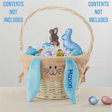 Personalization Universe Hand-Woven Easter Basket with Folding Handle & Personalized Bunny Liner - Ideal Egg Hunt Basket, Vintage Style Wicker - Natural Basket, Tan Liner, and Blue Ears