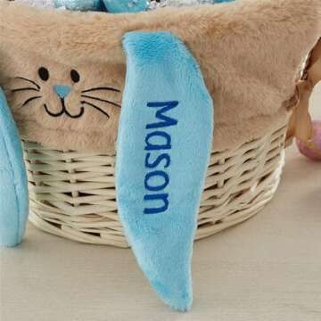 Personalization Universe Hand-Woven Easter Basket with Folding Handle & Personalized Bunny Liner - Ideal Egg Hunt Basket, Vintage Style Wicker - Natural Basket, Tan Liner, and Blue Ears