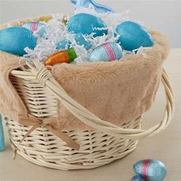 Personalization Universe Hand-Woven Easter Basket with Folding Handle & Personalized Bunny Liner - Ideal Egg Hunt Basket, Vintage Style Wicker - Natural Basket, Tan Liner, and Blue Ears