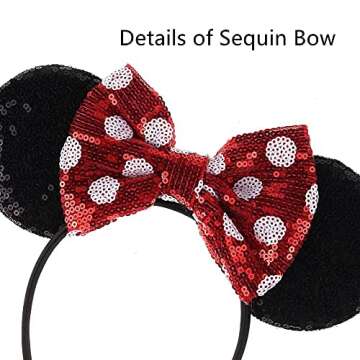 JIAHANG Polka Dot Mic Mouse Ear Headband Hair Bow Headband, Sequin Bow Festival Fashion Hairband Amusement Park Headwear for Women Girls