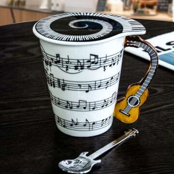 Guitar Novelty Mug: Unique Musical Gift with Lid & Spoon