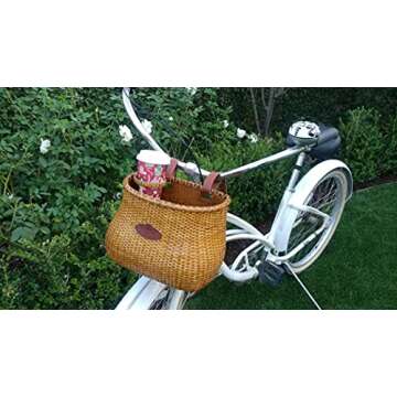 Tote & Kari Bike Basket for Women Beach Cruiser or Scooter The Original Wicker Bicycle Baskets with Built in Cup Holder for Front Handlebar-Classic Vintage Style Handmade Natural Rattan Wicker