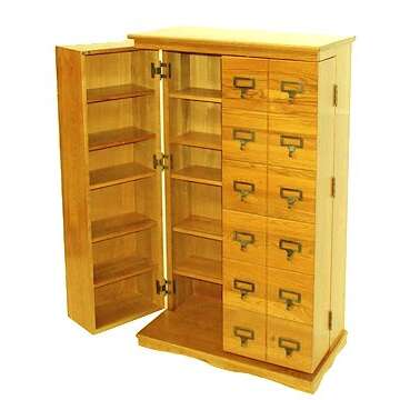 Leslie Dame Solid Oak Mission Style Multimedia Storage Cabinet with Library Card Catalog Style Doors, Oak