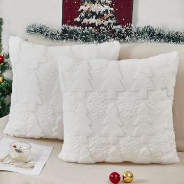 multiwins Christmas Pillow Covers 18" x 18" Set of 2, Soft Plush Faux Wool Fur with 3D Embroidery Christmas Tree and Snowflake Design for Home Christmas Decor on Sofa, Couch, Skin-Friendly