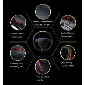 Car Steering Wheel Cover, Anti-Slip, Safety, Soft, Breathable, Heavy Duty, Thick, Full Surround, Sports Style (Black with Red line)