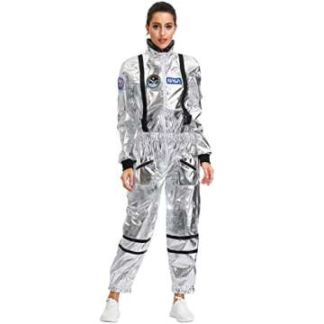 GRAJTCIN Women's Astronaut Costume Silver Spaceman Suit Space Pilot Jumpsuit Halloween Costumes Alien Outfit for Adult (L, Silver)