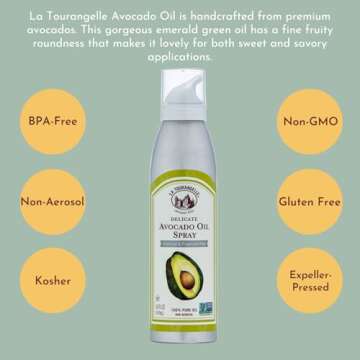 La Tourangelle, Avocado Oil Spray, Handcrafted from Premium Avocados, Great for Cooking, Butter Substitute, and Skin and Hair Care, Spray Cooking and Grilling Oil, 5 fl oz