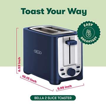 BELLA 2 Slice Toaster with Auto Shut Off - Extra Wide Slots & Removable Crumb Tray and Cancel, Defrost & Reheat Function - Toast Bread, Bagel & Waffle, Blue