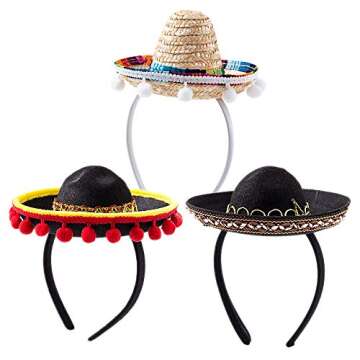 3Pcs Cinco De Mayo Sombrero Headband, Fiesta Sombrero Party Hats with Ball Fringe Decoration for Carnivals Festivals, Dia De Muertos, Coco Theme, Wedding, Birthdays and Party supplies