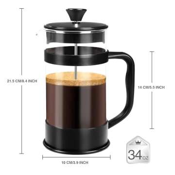 Utopia Kitchen 34 Ounce 1 Liter French Press Coffee Maker, Tea Maker, Travel Coffee Presses, Heat Resistant Thickened Borosilicate Coffee Pot for Camping Travel Gifts, Black Pack of 1