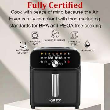 WHUTO Air Fryer, 6QT Air Fryer Oven with LED Digital Touchscreen, 12 Preset Cooking Functions Air fryers, Bake, Reheat, Keep Warm, Nonstick and Dishwasher-Safe Basket, Stainless Steel/Black&Silver