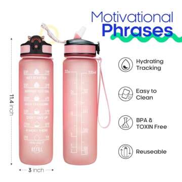 Giotto 32oz Large Leakproof BPA Free Drinking Water Bottle with Time Marker & Straw to Ensure You Drink Enough Water Throughout The Day for Fitness and Outdoor Enthusiasts-Light Pink