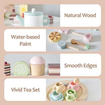 Smartwo Wooden Tea Party Set for Little Girls, 30 PCS Wooden Tea Set for Toddlers 3-5, Pretend Play Kids Wood Tea Set Toy, Play Kitchen Accessories with Play Food, Improve Imagination