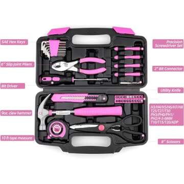 URASISTO 40-Piece Home Tool Kit with Easy Carrying Box, Small Basic Hand Tool Set Perfect for DIY Building, Home Maintenance and Woodworking, Great for College Students - PINK