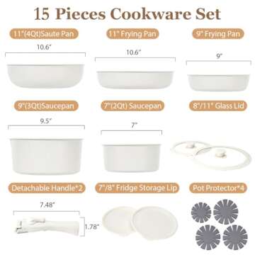 SODAY 15Pcs Pots and Pans Set Non Stick, Cookware Sets with Detachable Handle, Nonstick RV Kitchen Cooking Set Removable Handles, Oven Safe, Induction Fast, Stackable Non-stick Set, White