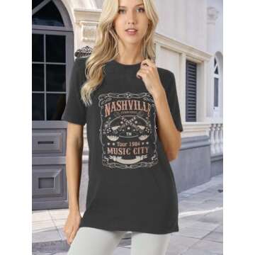 Women Nashville Shirts Vintage Rock Country Music T Shirt Short Sleeve Summer Tops(Dark Gray,XL)