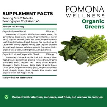 Pomona Wellness Super Greens Supplement, Full Of Superfood Vitamins & Minerals, Fruits & Vegetable, Greens Powder for Bloating and Digestion, Gut Health, USDA Organic, Non-GMO, 120 Tablets