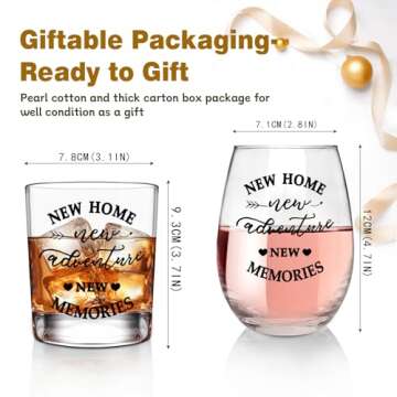 ONEHAUS New Home New Adventures Wine and Whiskey Glass Gift Set - Unique Housewarming Gift for New Homeowners - New Home Gift Ideas for Women and Men