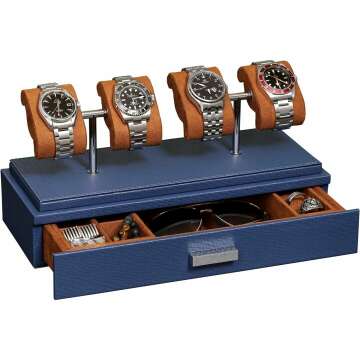 ROTHWELL Luxury Watch Display Case for 4 Watches – Elegant Leather Watch Box with Adjustable Cushions and Accessory Drawer