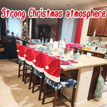 SATXTREM Christmas Chair Covers Set of 4,Red and White Santa Claus Hat Chair Back Covers for Xmas Holiday Festival Indoor Kitchen Bar Counter Stools Decorations Dining Room Table Decor