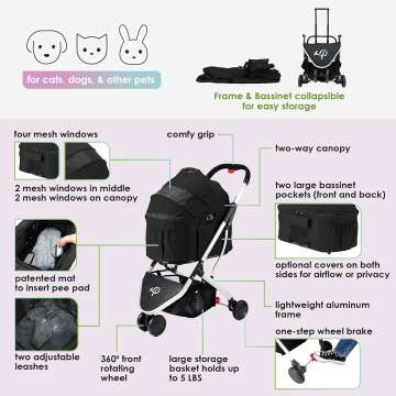 3-in-1 Pet Stroller for Dogs & Cats - Midnight Black