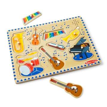 Melissa & Doug Musical Instruments Sound Puzzle - Wooden Peg Puzzle (8 pcs) - Wooden Peg Chunky Baby Puzzle, Music Learning Toys, Musical Sound Puzzles For Toddlers And Preschoolers Ages 2+