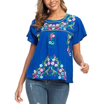 YZXDORWJ Women's Embroidered Mexican Peasant Blouse Mexico Summer Shirt Short Sleeve (US3XL, 169HL-BL)