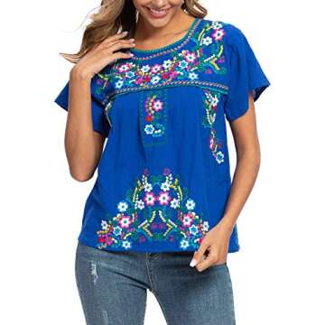 YZXDORWJ Women's Embroidered Mexican Peasant Blouse Mexico Summer Shirt Short Sleeve (US3XL, 169HL-BL)