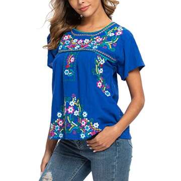 YZXDORWJ Women's Embroidered Mexican Peasant Blouse Mexico Summer Shirt Short Sleeve (US3XL, 169HL-BL)