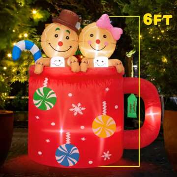 6 FT Christmas Inflatables Decorations, Gingerbread Man in Hot Cocoa Mug with Built-in LED Lights, Xmas Blow Up Yard Decorations Outdoor for Party, Garden, Lawn, Winter Decor, Holiday Season