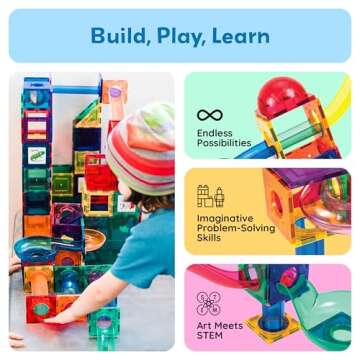 PicassoTiles 70 PCs Marble Run Maze Race Track Magnetic Tiles Magnet Building Block Educational Construction Toy Playset STEM Learning Kit Child Brain Development Hand Eye Coordination Training PTG70