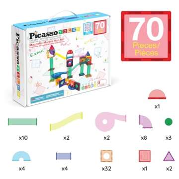 PicassoTiles 70 PCs Marble Run Maze Race Track Magnetic Tiles Magnet Building Block Educational Construction Toy Playset STEM Learning Kit Child Brain Development Hand Eye Coordination Training PTG70