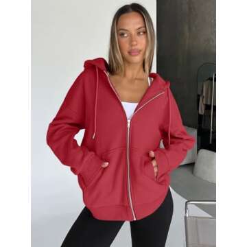 Trendy Queen Womens Zip Up Hoodies Oversized Sweatshirts Fall Fashion Outfits Casual Jackets 2025 Winter Clothes Red XL