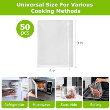 Bonsenkitchen Precut Vacuum Sealer Bags, 50 Pint 6" x 9" Food Sealer Bags, Food Grade, BPA Free, Heavy Duty, Customized Size Vacuum Bags for Vac Storage, Meal Prep or Sous Vide Cooking, VB10