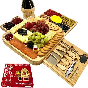 iBambooMart Cheese Board Set with 4 Knives & Forks, Bamboo Charcuterie Tray