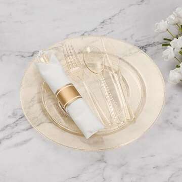 Goodluck 350 Piece Gold Glitter Plastic Dinnerware Set for 50 Guests, Disposable Plates for Party, Include: 50 Dinner Plates, 50 Dessert Plates, 50 Rolled Napkins with Silverware, 50 Cups